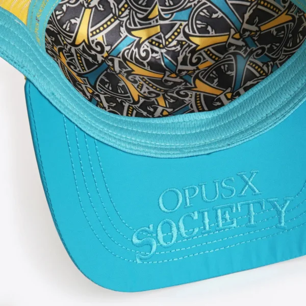 Opus X Society Trucker Hat Teal and Yellow Limited Edition 9 Close up under the teal brim showing Opus X Society lettering and the printed satin lining